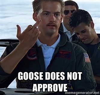 When he does this in the movie, he's flipping off the audience. By the way, Goose, tuck in that thumb for a proper flipping.